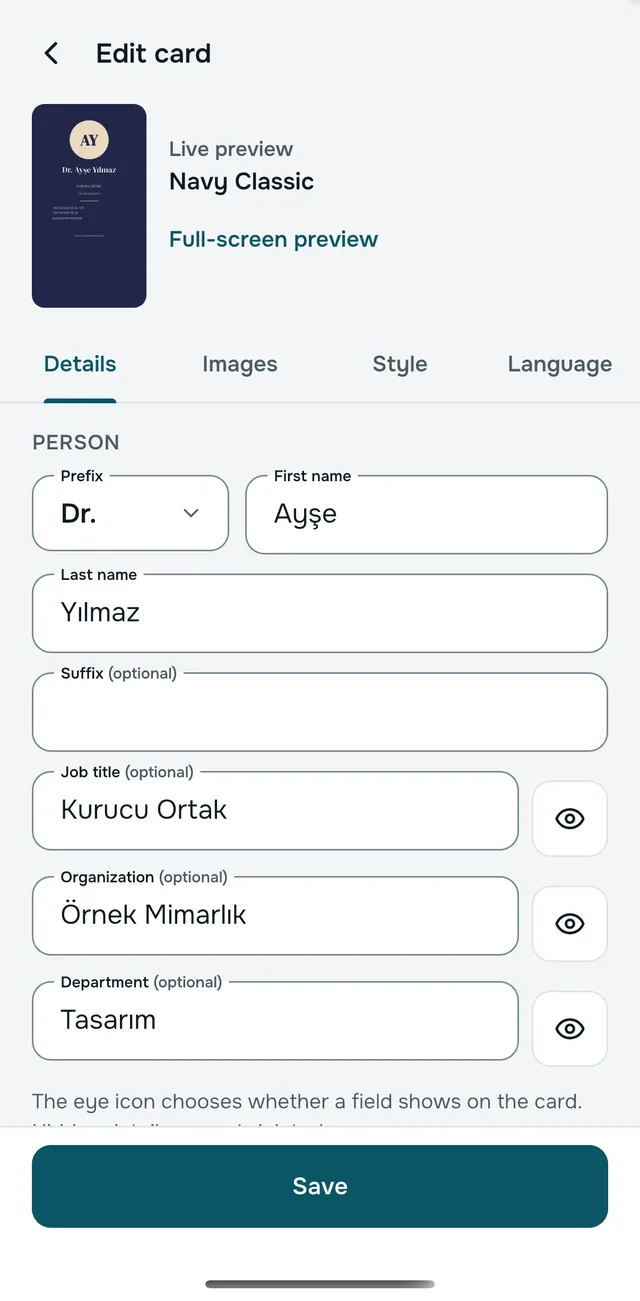 The Edit card screen: first name, last name, title and organization filled in, with a live preview on top