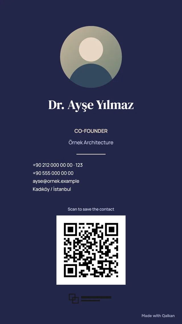 Sample business card with the Navy Classic template: Dr. Ayşe Yılmaz, Örnek Architecture