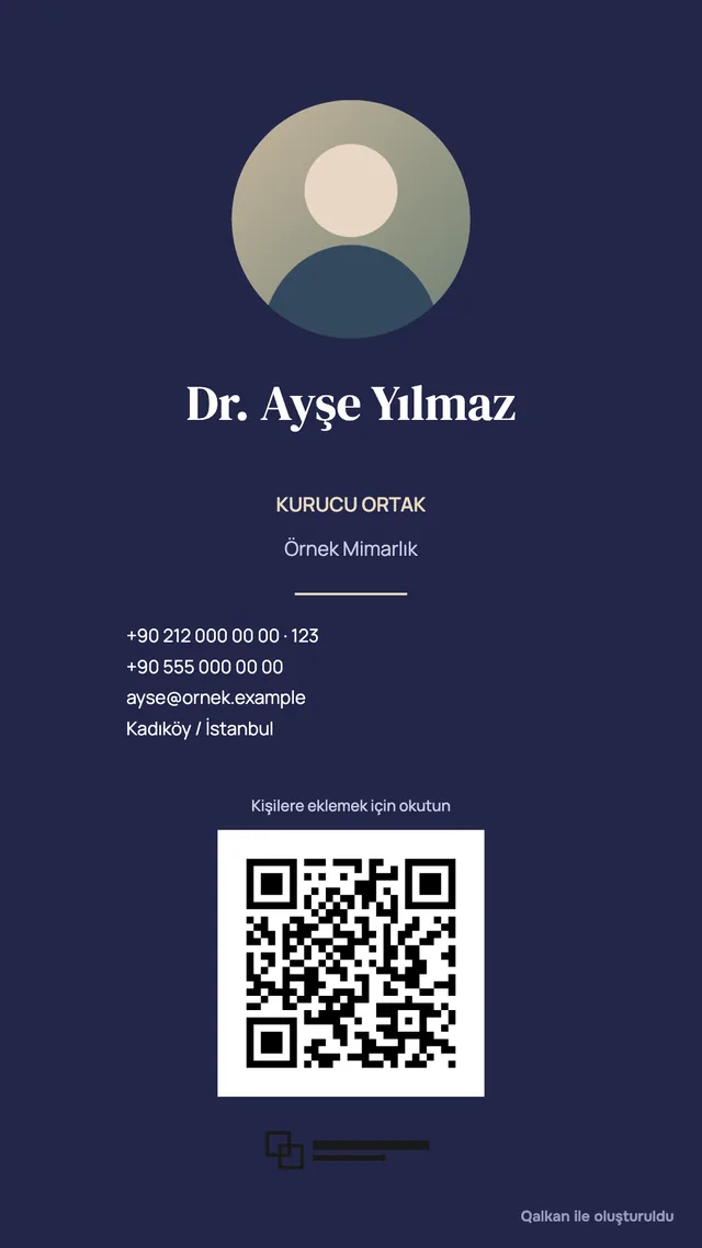 Lacivert Klasik şablonuyla örnek kartvizit: Dr. Ayşe Yılmaz, Örnek Mimarlık