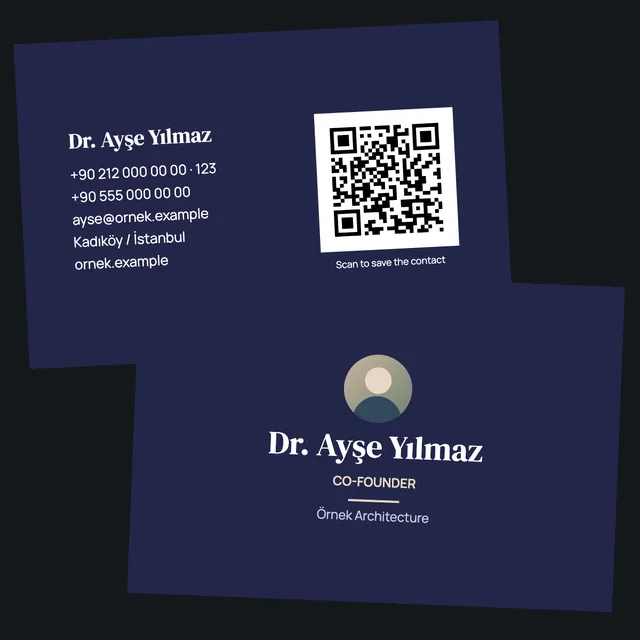 Front and back of the print PDF: name and title on the front, contacts and a QR code on the back