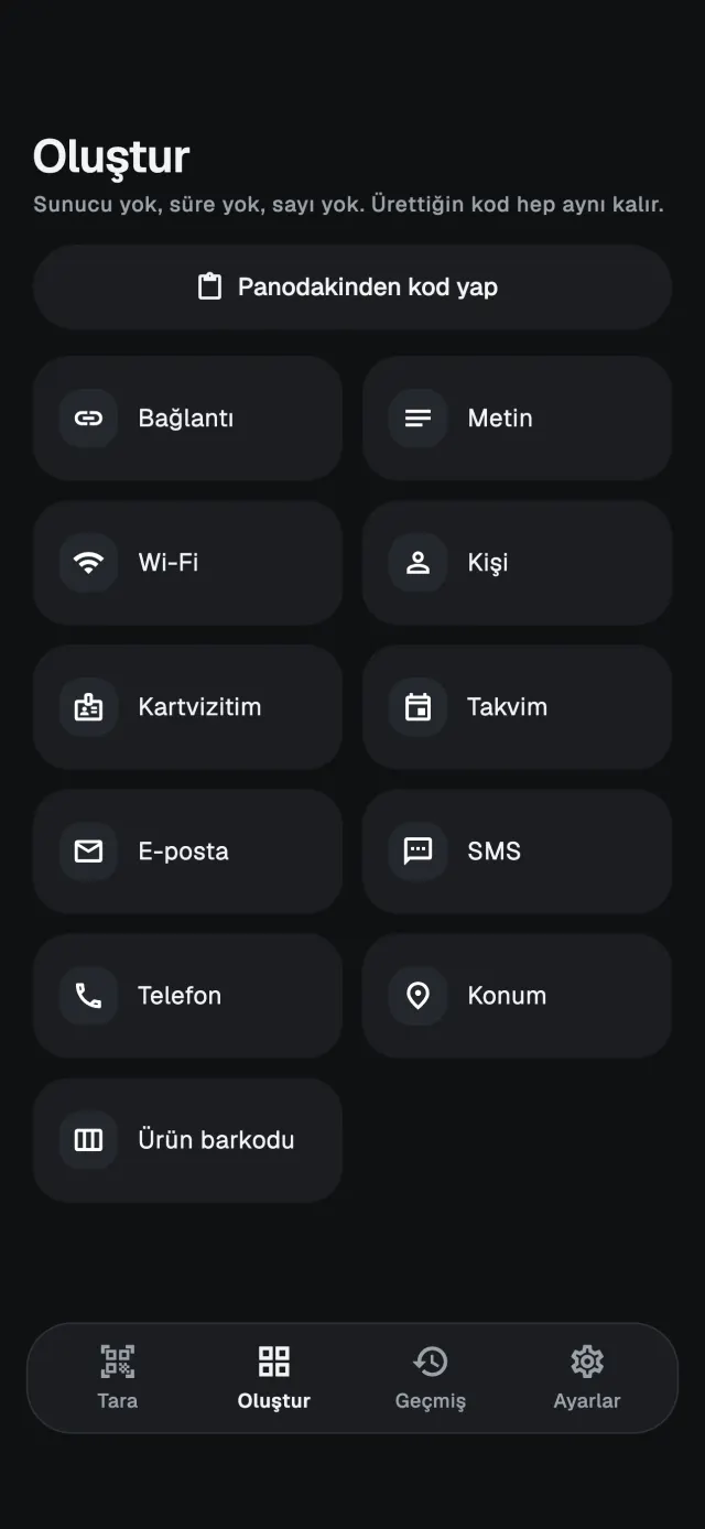 Oluştur sekmesi, kod türleri