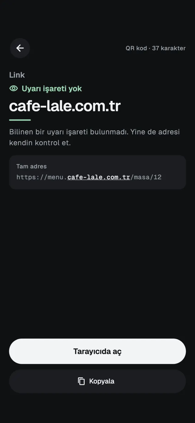 Qalkan sonuç ekranı: bir bağlantının adresi, gerçek alan adı işaretli