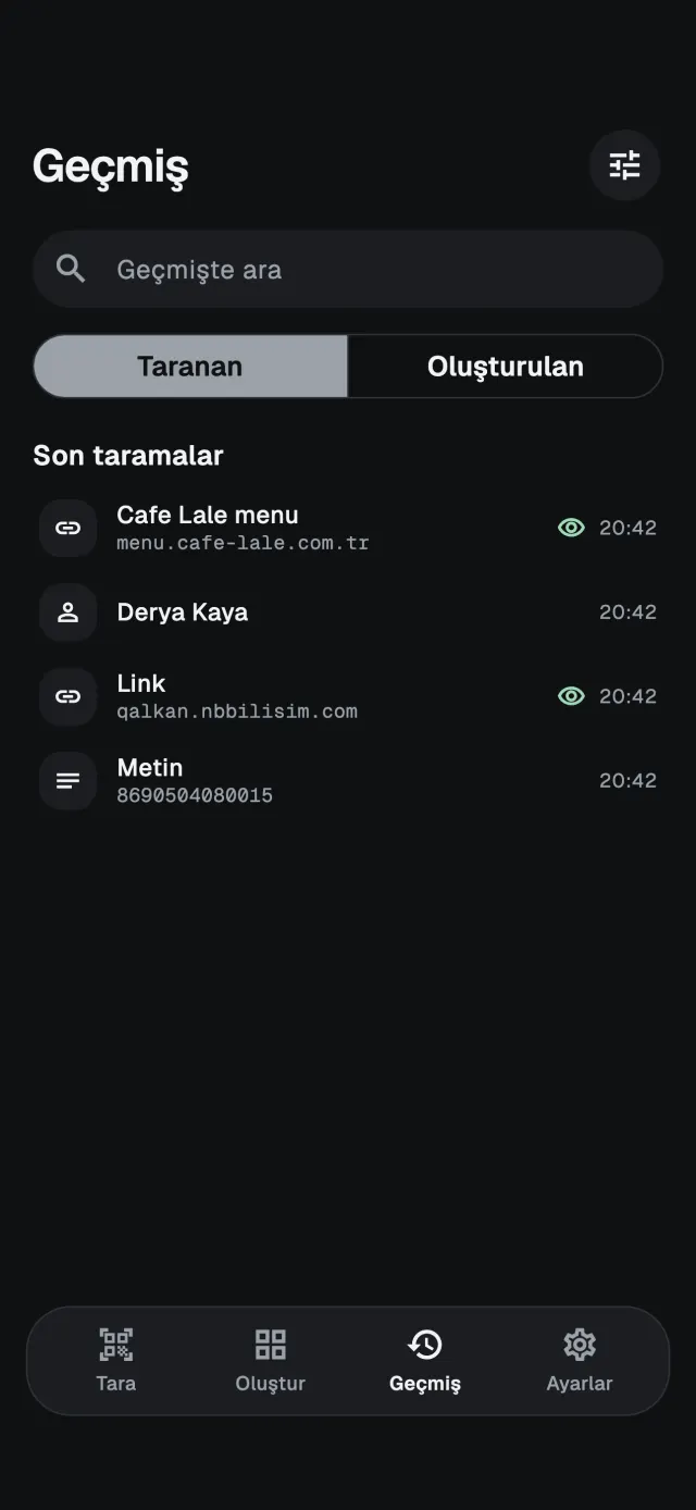 Cüzdan ekranı, taranan ve oluşturulan kayıtlar